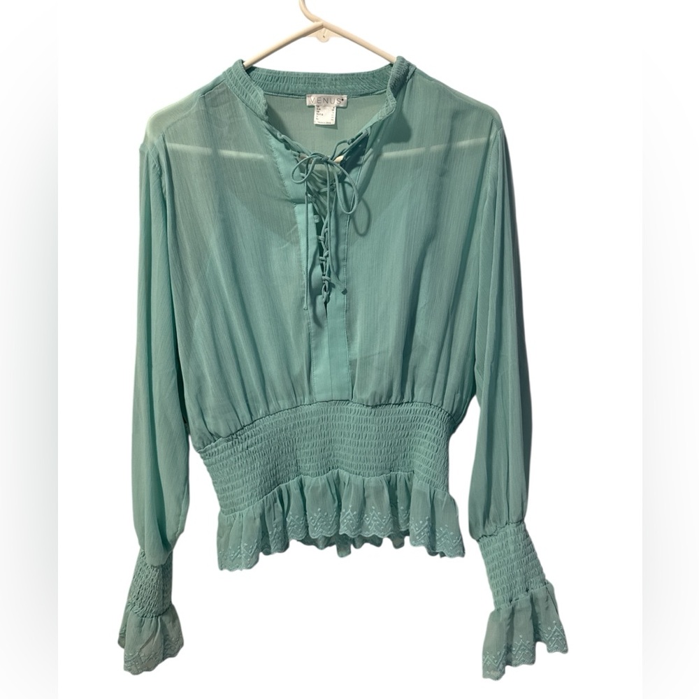 Venus Women's Peasant Blouse Teal Blue Size 6